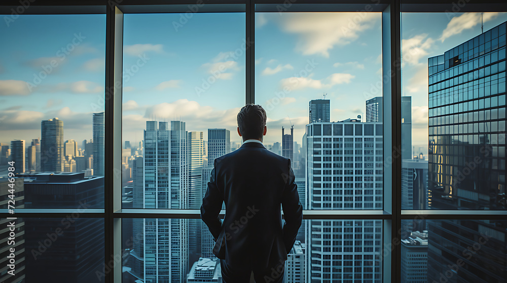 A confident CEO overlooking the city skyline from a high-rise office, inspiring and visionary. Generative AI illustration A confident CEO overlooking the city skyline from a high-rise office, inspiring and visionary. Generative AI illustration