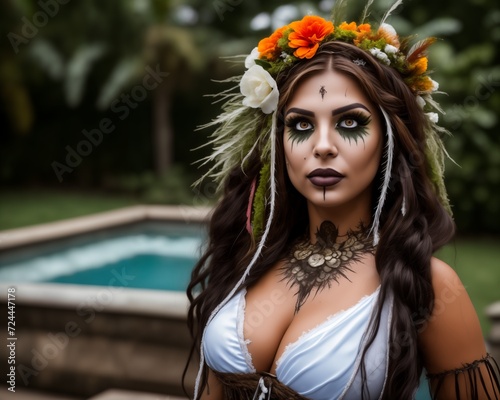 Beautiful girl with sugar skull makeup and flowers in her hair. Halloween.