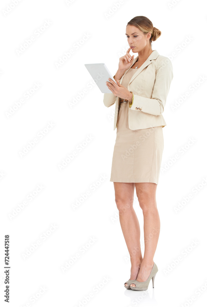 Thinking, research or businesswoman in studio with tablet reading email on white background. Internet, social media or full body of entrepreneur with technology for online review, news or feedback Thinking, research or businesswoman in studio with tablet reading email on white background. Internet, social media or full body of entrepreneur with technology for online review, news or feedback