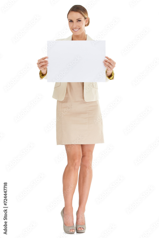 Business woman, poster mockup and presentation for advertising job opportunity, news or information in studio. Portrait of professional or corporate person with paper or space on a white background