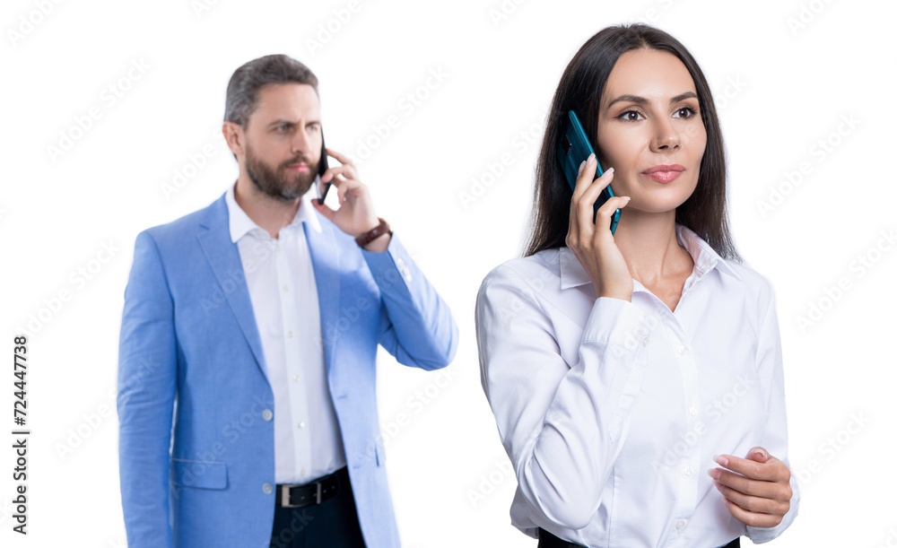 Businesspeople talking on phone isolated on white. Successful businesspeople using phone for conversation. Business communication in office. Business negotiation call. Phone call to colleague Businesspeople talking on phone isolated on white. Successful businesspeople using phone for conversation. Business communication in office. Business negotiation call. Phone call to colleague