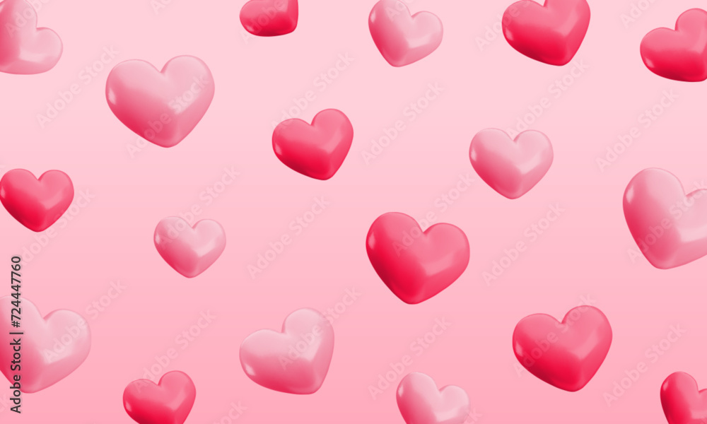 Vector cute realistic 3d pink heart background. Glossy 3d render love hearts on soft gradient pink background. Valentines day wallpaper, abstract cartoon 3d design for web, background, greeting card.