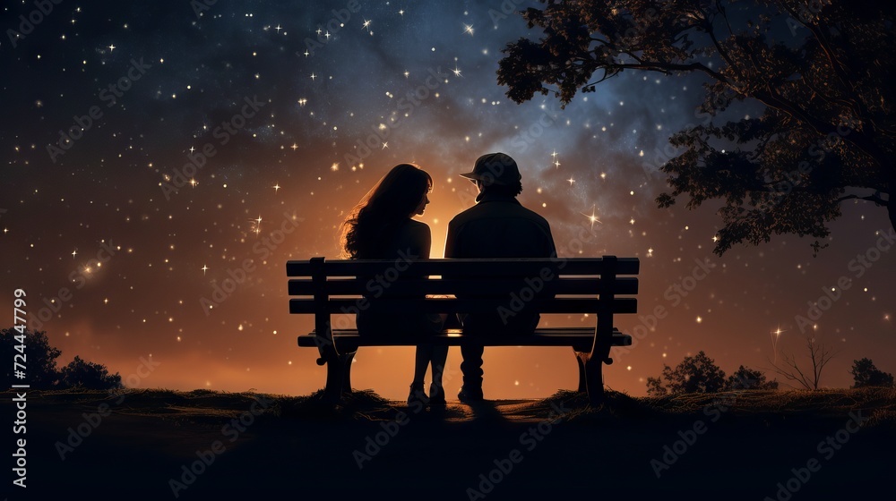 Romantic couple enjoying stargazing on a park bench at night Romantic couple enjoying stargazing on a park bench at night