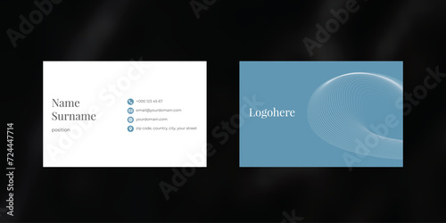Creative vector business card design with blue background and lines, visiting card template, cutaway mockup, calling card ready for printing, identification card with icons for contact information