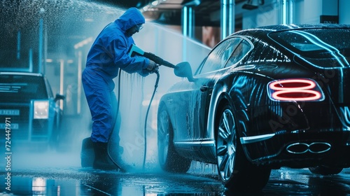 professional washer in blue uniform washing luxury car with water gun on an open air car wash 