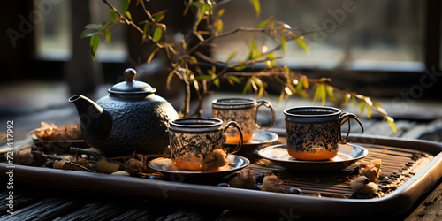 Teapot and cups of tea in garden