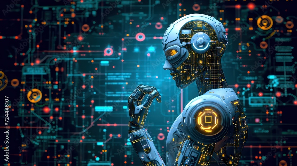 Futuristic Artificial Intelligence: A Detailed Visualization of a Robot Amidst Complex Digital Interfaces
