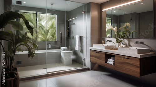 modern bathroom interior with shower cabin and brown furniture