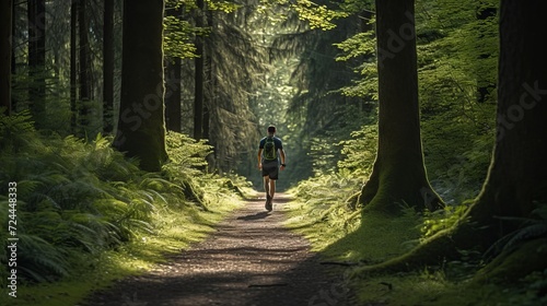Fototapeta Naklejka Na Ścianę i Meble -  A fit and healthy man enjoying a morning run on a scenic forest path