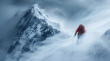 吹雪の中登山する人