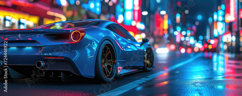 blue sports car at night in city center