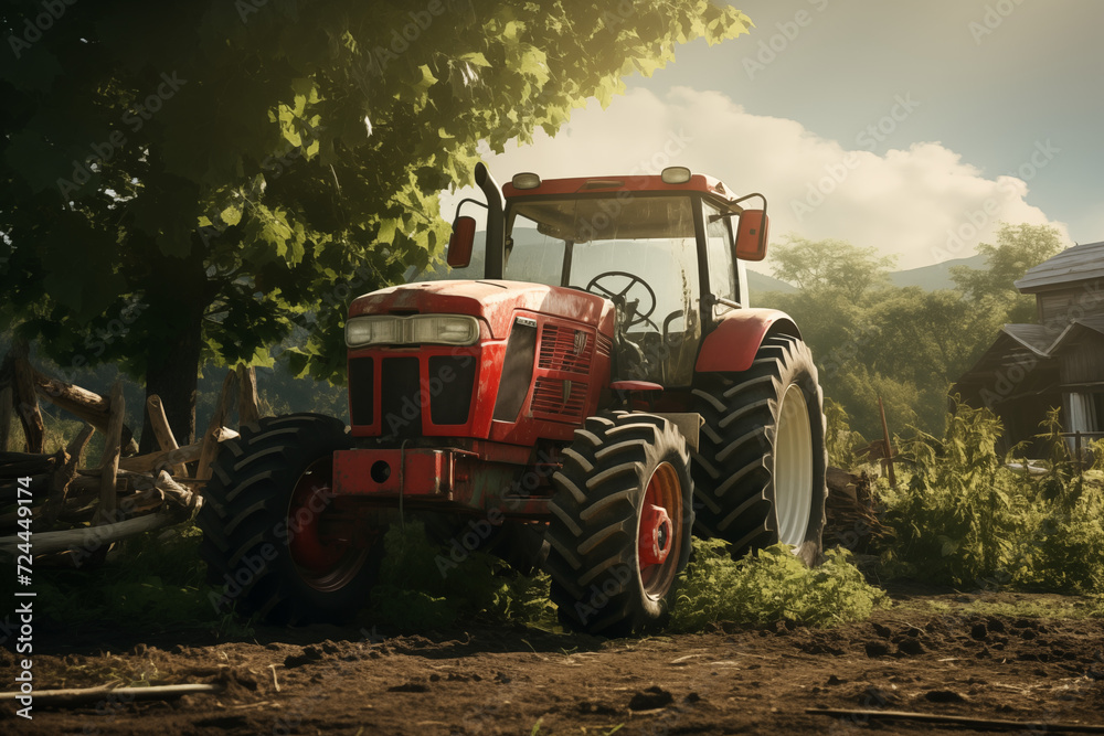 Obraz premium Tractor in a field. Farm. Agriculture. Harvest in a field. Agricultural professions. Peasant world. Harvest period.