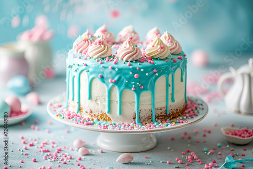 Beautiful cake with cake sprinkles in blue and pink colors.