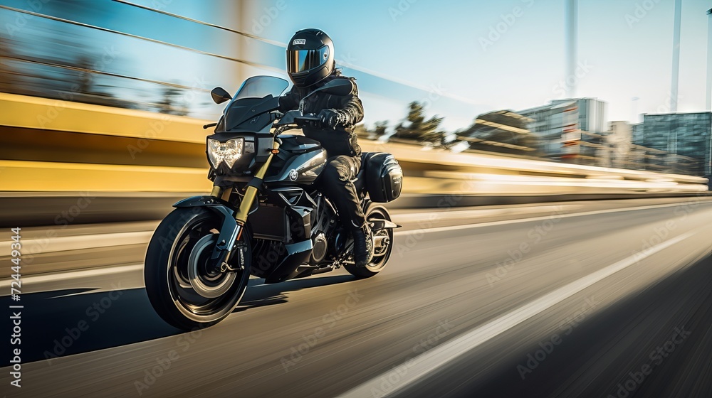Motorcycle rider in helmet and leather jacket racing on asphalt road with blurred background