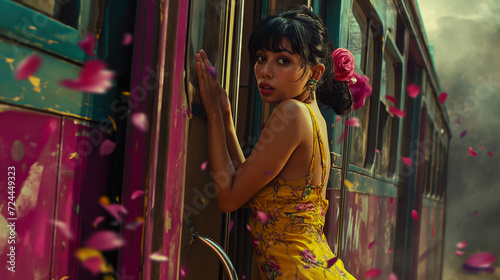 Petals of flowers float in the air around a South Asian woman wearing a yellow dress as she leans on the side of a colorful train