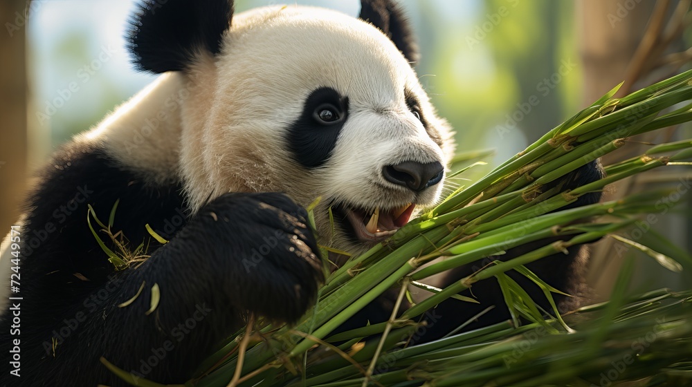 Fototapeta premium A cute and fluffy panda enjoying a bamboo snack in a green forest