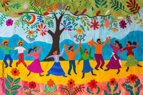 A folk-style scene showing a community festival  with people dancing and celebrating  symbolizing communal support and joy
