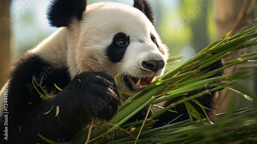 A cute and fluffy panda enjoying a bamboo snack in a green forest