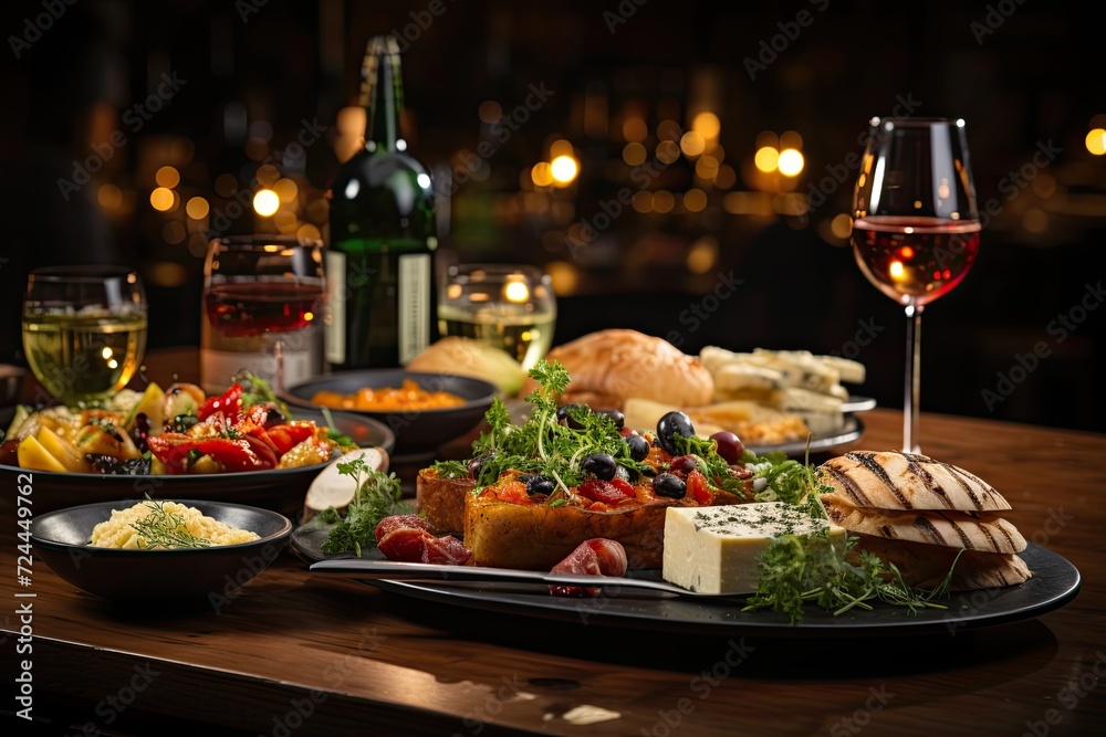 Restaurant table with wine glasses and exquisite dishes, demonstrating the perfect pairing of wine and food, Spanish Culinary Fiesta, Generative AI