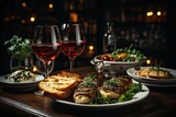 Restaurant table with wine glasses and exquisite dishes, demonstrating the perfect pairing of wine and food, Spanish Culinary Fiesta, Generative AI