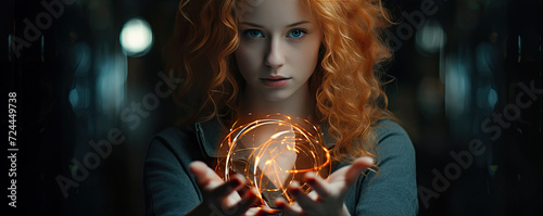 Mystic woman with glass or crystal ball in hands.