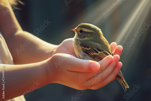 Close up hands of child girl gently holding a small bird in her hands. © cwa