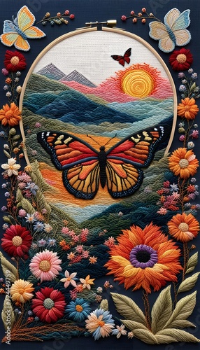 Butterfly Flower and the Sky Embroidery Art 
