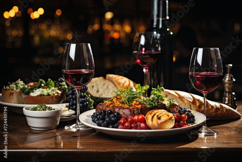 Restaurant table with wine glasses and exquisite dishes  demonstrating the perfect pairing of wine and food  Spanish Culinary Fiesta  Generative AI