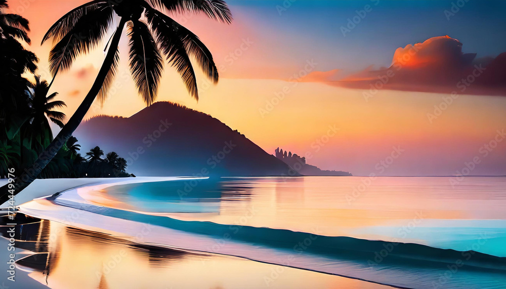 Tropical beach from side view at sun set flat art design illustration
