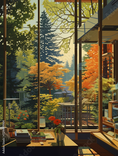 Illustration Vintage Mid-Century Colorful Living room woods © tracy