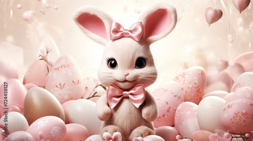 Cute Easter Bunny with Pink Bow and Eggs Cute Easter Bunny with Pink Bow and Eggs