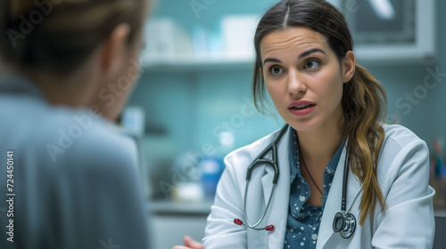 a female doctor in a modern, well-lit office, discussing a patient's health condition. The focus is on the doctor's empathetic expression