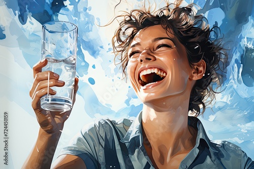 beautiful woman holds a glass of water and smiles, positive impact water on the body, Generative AI photo