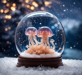 Jellyfish in snow globe. Christmas and New Year concept.