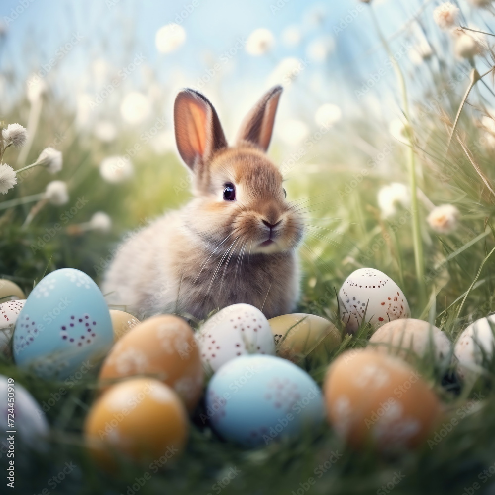 Easter bunny and eggs on green grass. Easter holidays concept.