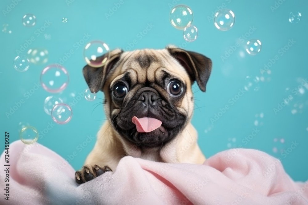 Funny dog on monochrome background with soap bubbles. Pet care, bathing.
