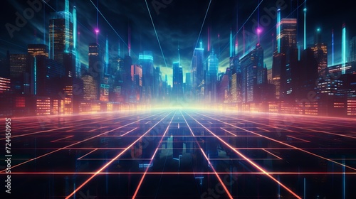 Retro-futuristic cyberpunk sci-fi background with neon lights and grids