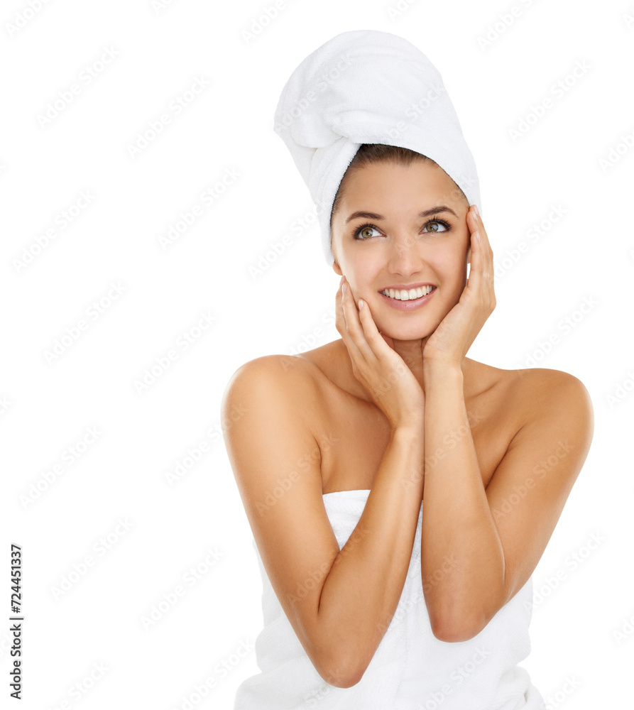 Towel, happiness and woman and beauty routine, self care treatment or mockup space for cosmetology. Cosmetics, spa and studio model for skincare glow, hygiene or wellness on white background Towel, happiness and woman and beauty routine, self care treatment or mockup space for cosmetology. Cosmetics, spa and studio model for skincare glow, hygiene or wellness on white background