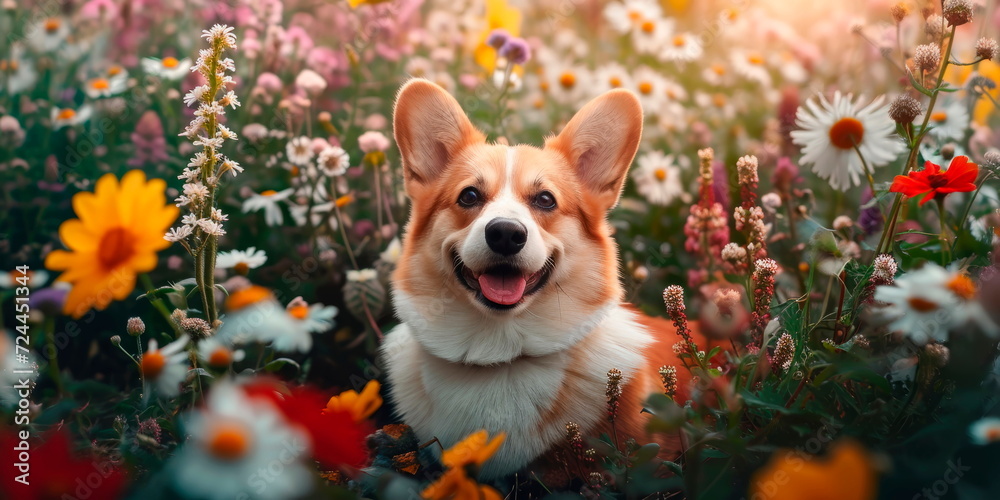 cute corgi dog sitting among various flowers . Generative AI cute corgi dog sitting among various flowers . Generative AI