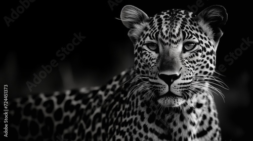 AI generated illustration of a majestic leopard staring aside, in grayscale