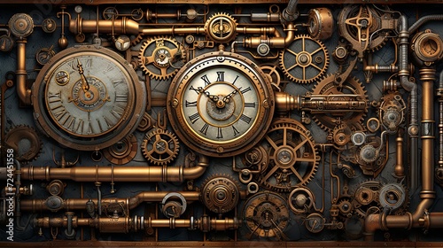 A retro-futuristic vision of a steampunk society with industrial elements and horology photo