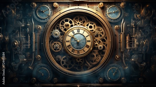 A retro-futuristic vision of a steampunk society with industrial elements and horology photo