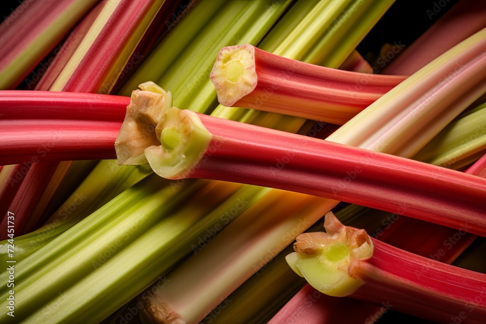 Rhubarb vegetable red and green stalks. Edible vitality organic veggie dietary stems. Generate ai