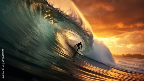 Surfing at dusk: a thrilling adventure on a huge wave