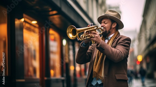 Street musician in a hat playing a trumpet in a evening