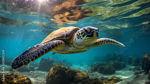 A turtle swimming in the clear blue ocean with coral reefs and fish in the background
