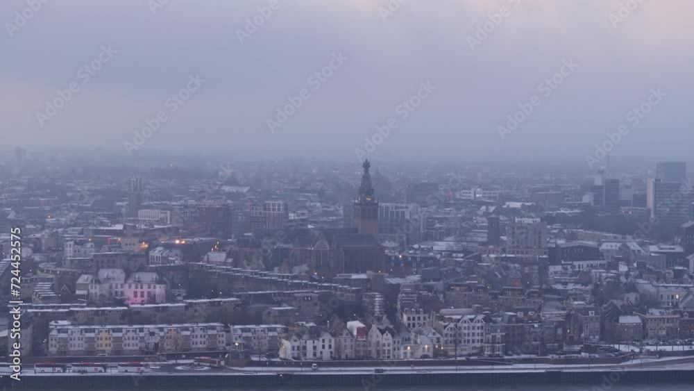 Dolly drone shot towards the Stevens church in the city of Nijmegen Dolly drone shot towards the Stevens church in the city of Nijmegen