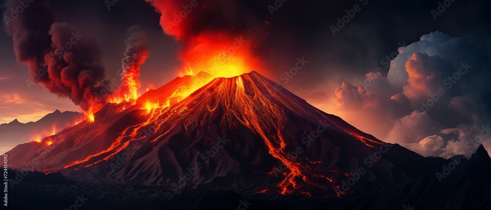 Dramatic volcano eruption with lava flowing. Natural disaster background