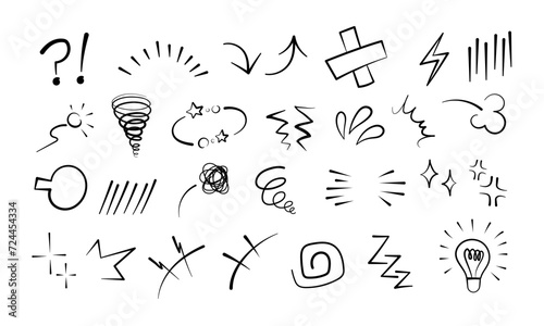 Anime manga comic emoticon element graphic effects hand drawn doodle vector illustration set isolated on white background. Cartoon style manga doodle line expression scribble anime mark collection. photo