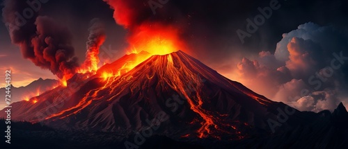 Dramatic volcano eruption with lava flowing. Natural disaster background
